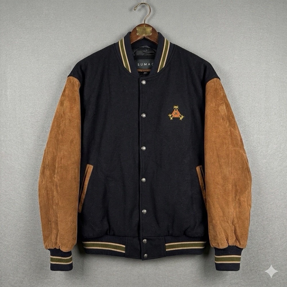 Vintage Sumac Mens XL Varsity Jacket Black Wool Brown Leather Monte Cristo Crest